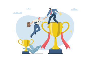 Support or consulting for business success, Businessman helps teammates to move from small trophy to big trophy, Business assistance, Team friendship. Flat vector design illustration.