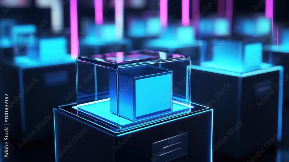 Poster digital concept of secure blockchain based voting with futuristic electronic ballot boxes displayed