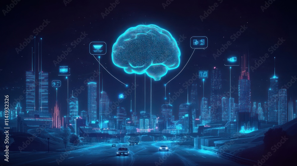 Poster brain connects to city via futuristic technology interface.