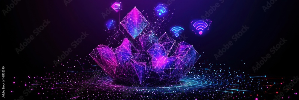 Poster abstract geometric shapes glowing, with floating wifi signals.