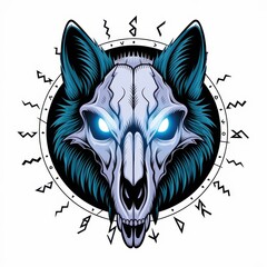 Obraz premium Glowing Eyes Wolf Skull Encircled By Ancient Nordic Runes