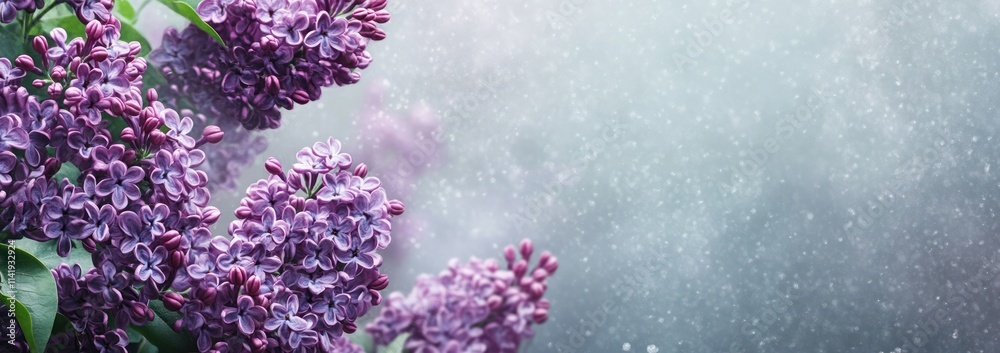 Poster lilac blooms, soft bokeh and light create a peaceful spring image.