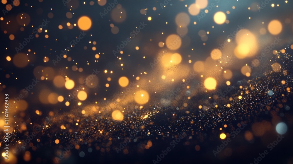 Poster Golden bokeh lights floating with sparkling glitter.