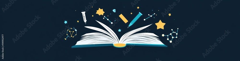 Aufkleber open book with science elements on dark backdrop.
