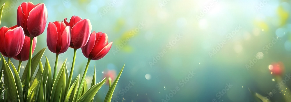 Aufkleber red tulips in sunlight with bokeh.