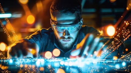 High-Speed Fiber Optics Engineer Conducting Precision Testing in a Modern Laboratory Environment