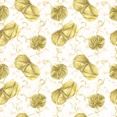 Skein of knitting thread seamless pattern. Green yellow pastel coloured ball of yarn clipart on watercolor splashes isolated white background. Hand drawn illustration for fabric, hobby label packaging