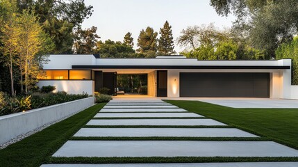 Modern house with driveway and landscaping.
