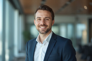 Naklejka premium portrait of successful businessman consultant looking at camera and smiling inside modern office building