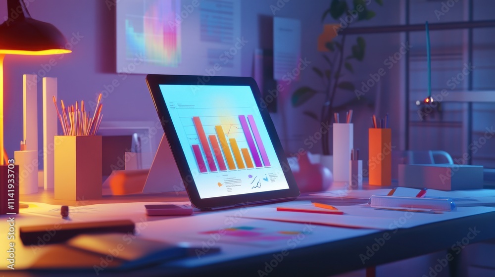 Poster Office desk with digital tablet displaying colorful graphs.