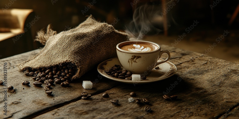 Aufkleber Steaming latte with beans spilled from sack on rustic table.