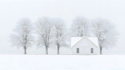 Home insulation becomes vital in this serene winter landscape, where a quaint white house stands amidst frosted trees, reflecting tranquility and isolation.