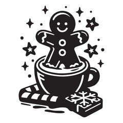 Cheerful gingerbread man sits inside a festive cup, surrounded by sparkles, perfect for Christmas themes. Black and white holiday vector illustration ideal for prints and designs.