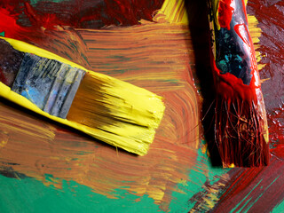 close-up used brushes and paint. Painting art supplies
