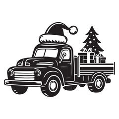 Vintage Christmas truck illustration featuring a Santa hat, tree, and gifts. Retro holiday pickup design perfect for festive cards, prints, and decorations. Black and white holiday vector art.