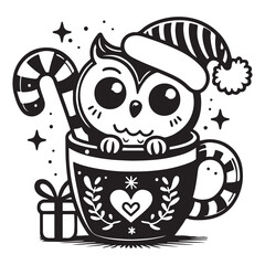 Cute owl wearing a Santa hat sits inside a decorated Christmas mug with a candy cane and gift nearby. Festive black and white winter vector illustration for holiday designs.