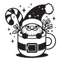 Сute Christmas gnome sitting in Santa style mug, surrounded by candy canes and festive leaves. Stars and glitter all around. Christmas black and whit vector illustration on white background
