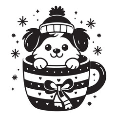 Cute puppy in winter hat peeks out of festive striped mug decorated with a bow. Snowflakes and stars. Christmas black and white vector illustration on white background