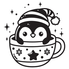 Cute penguin sitting inside a decorated Christmas mug with a star design, wearing a striped Santa hat. Festive winter illustration with sparkles. Winter black and white vector illustration