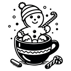 Cute gingerbread man in hat sitting in a festive mug with sweets. Christmas black and white cartoon vector illustration with bubbles. Christmas sweet coffee concept