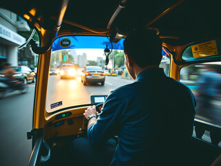 A view inside a tuk-tuk at twilight with the driver navigating through busy city streets filled with lights and motion.
