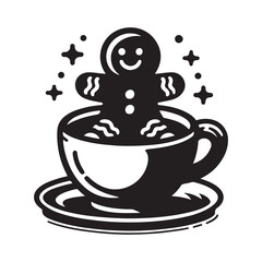 Festive gingerbread man in a cup with stars and holiday treats creates a cozy winter illustration. Christmas black and white vector illustration on white background