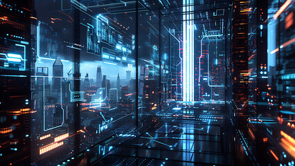 Futuristic digital city with glowing neon lights