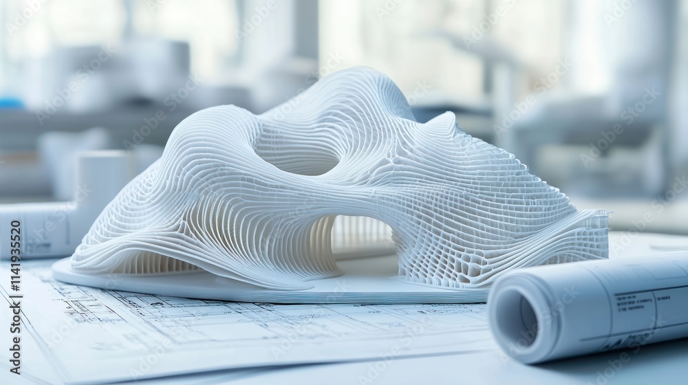 Poster white layered model on blueprints.