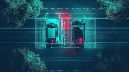 Autonomous vehicles, aerial view, sensors, night, road, technology, safety.