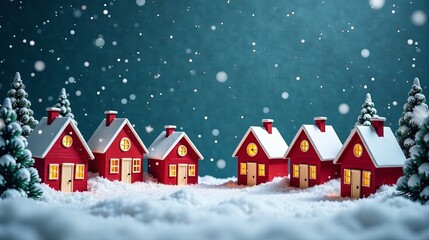 Cozy Red Houses in a Winter Wonderland Scene, Illuminated with Warm Lights and Gently Falling Snow