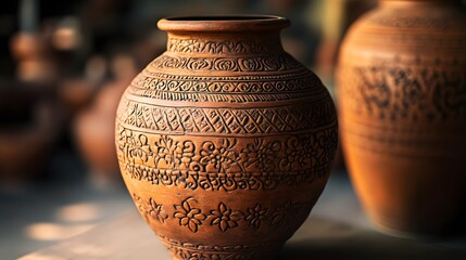 Ornate traditional clay jar with intricate detailing, representing the craftsmanship of ancient pottery techniques