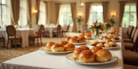 Delectable golden-brown dinner rolls arranged on elegant plates, adorning a pristine white tablecloth in a sophisticated dining hall setting.