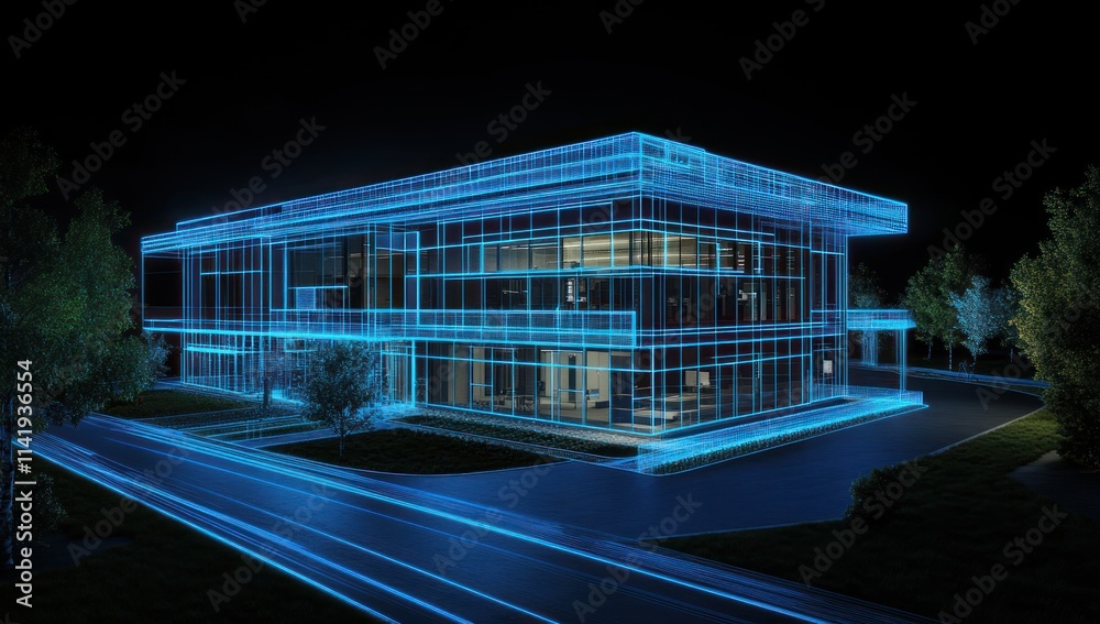 Aufkleber wireframe structure of a modern building at night with blue glowing lines.