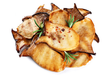 Fried Pleurotus eryngii mushrooms on white background.