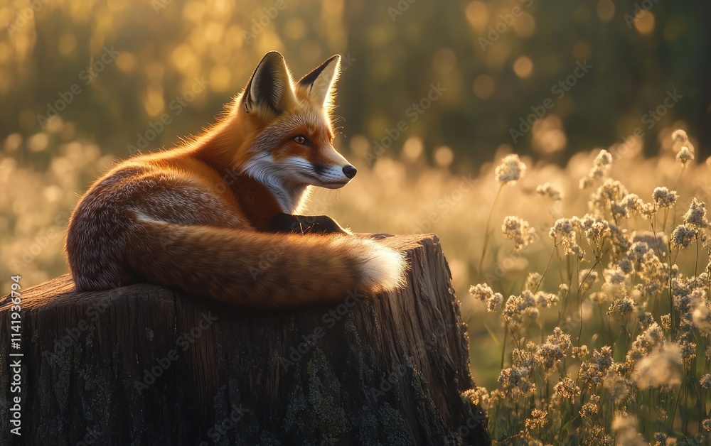 Poster red fox rests on a tree stump in a field at sunset.