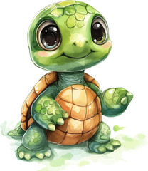 Watercolor adorable turtle character on white background vector illustration.