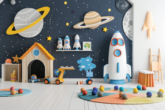 Space-Themed Kids' Room with Stars, Planets, and Rockets