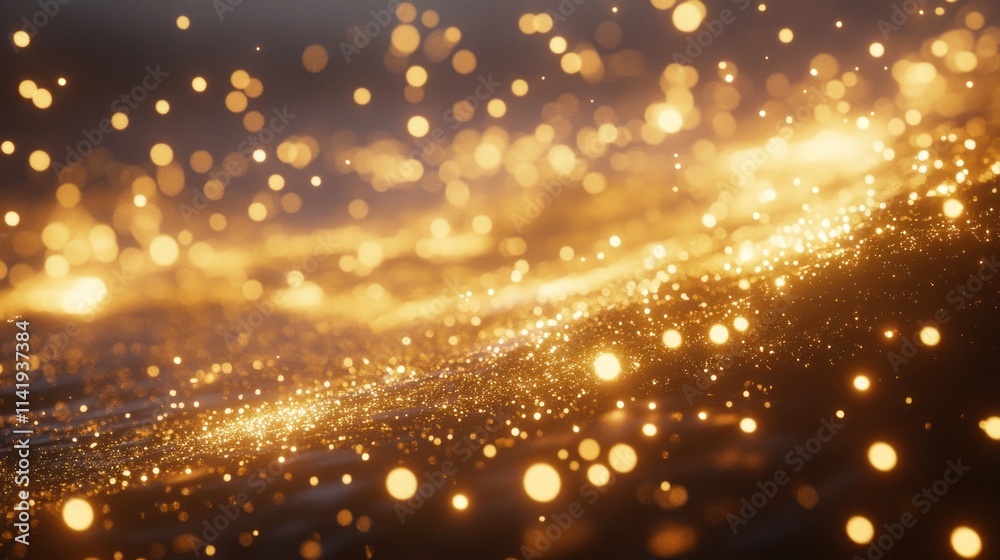 Poster Golden bokeh light particles float, abstract flowing background.