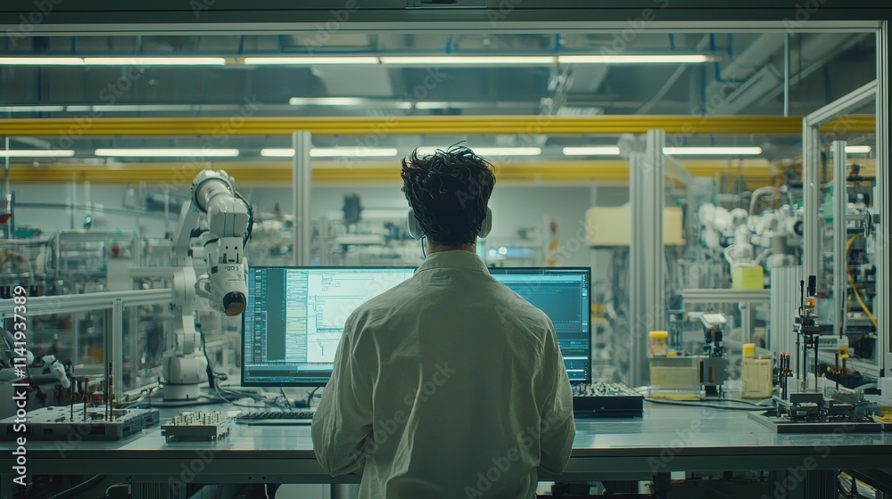 Poster technician monitoring machine learning software in high-tech laboratory environment with robotic arm