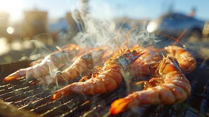 Grilled shrimp sizzling on a hot barbecue grill