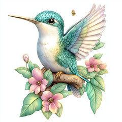 Obraz premium Magical Bird Scene Iridescent Hummingbird with Pink Flowers