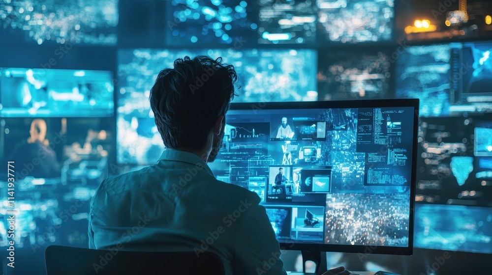 Poster remote professional in telecommunications monitoring data on multiple screens in a high-tech environ