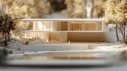 Home insulation showcases a modern architectural model, highlighting sleek lines and vibrant earthy tones. The serene setting inspires tranquility and harmony.