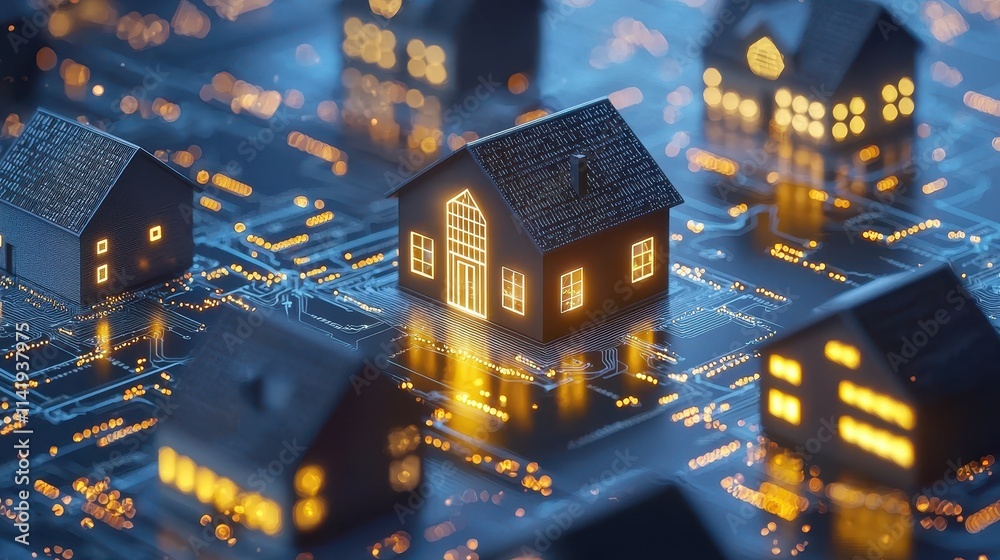 Poster visual representation of blockchain technology and digital token concepts with illuminated houses
