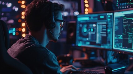 Specialist Focused on Voice over IP Technology in a High-Tech Communication Environment at Night
