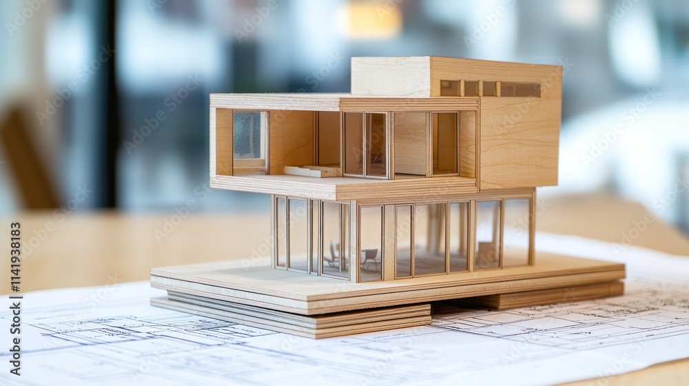 Poster architectural model on blueprints with blurred background.