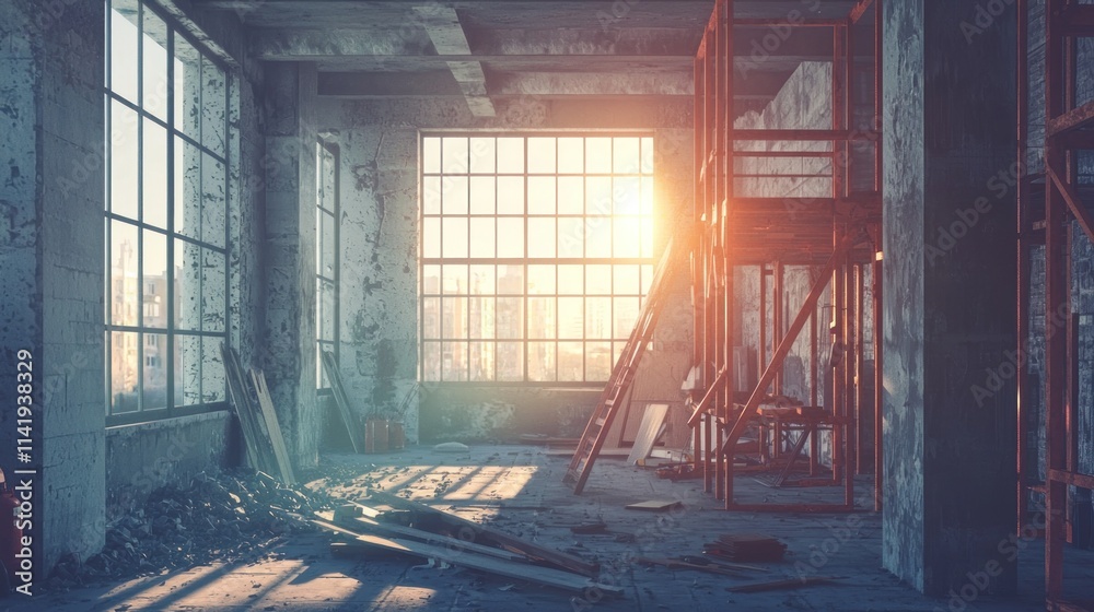 Poster sunlight streams into an old, unfinished building through tall windows.