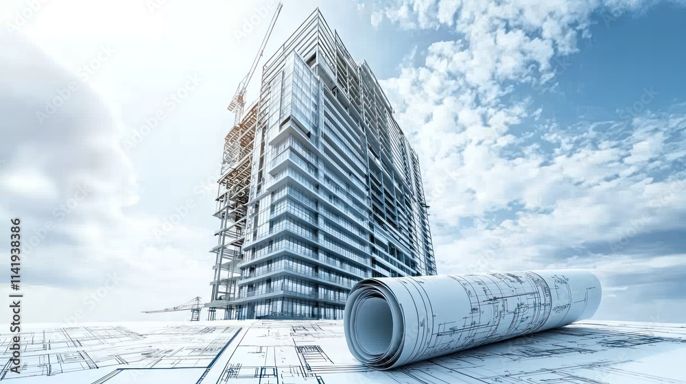 Aufkleber modern building under construction with blueprint foreground.