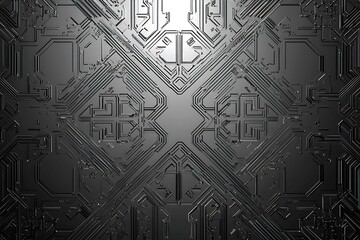 Close-up of a reflective metallic circuit board showcasing intricate patterns and electronic connections, symbolizing technology, innovation, and futuristic design.