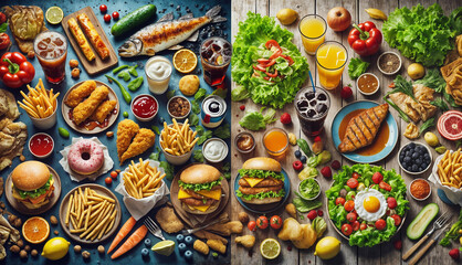 Comparison of fast food and healthy meals on split plates showcasing diet choices